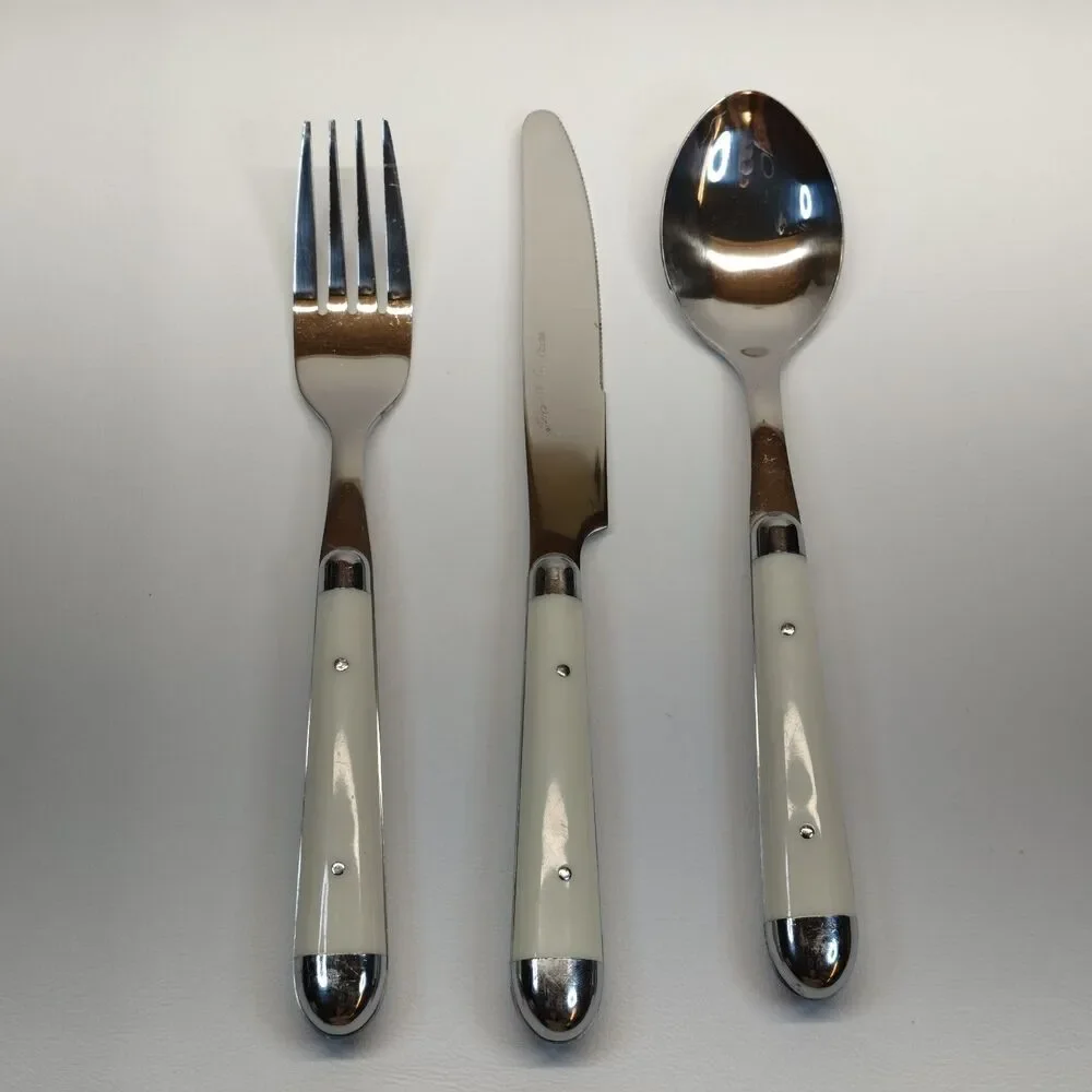 Jean Dubost Pantry White Stainless Flatware Place Setting Fork Knife Spoon Set